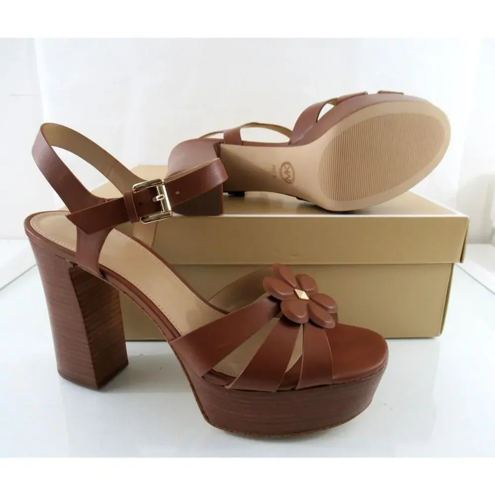 Michael Kors Size 9 Nellie Platform High Heels Sandals Leather Luggage Tan